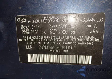2015 Hyundai Elantra Se from USA, damaged, VIN 5NPDH4AE9FH611104